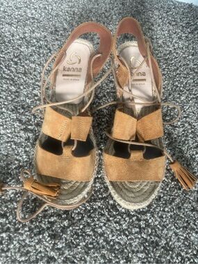 kanna Tan Suede Espadrille Wedge Sandals with Ankle Tie US 7 EU 37